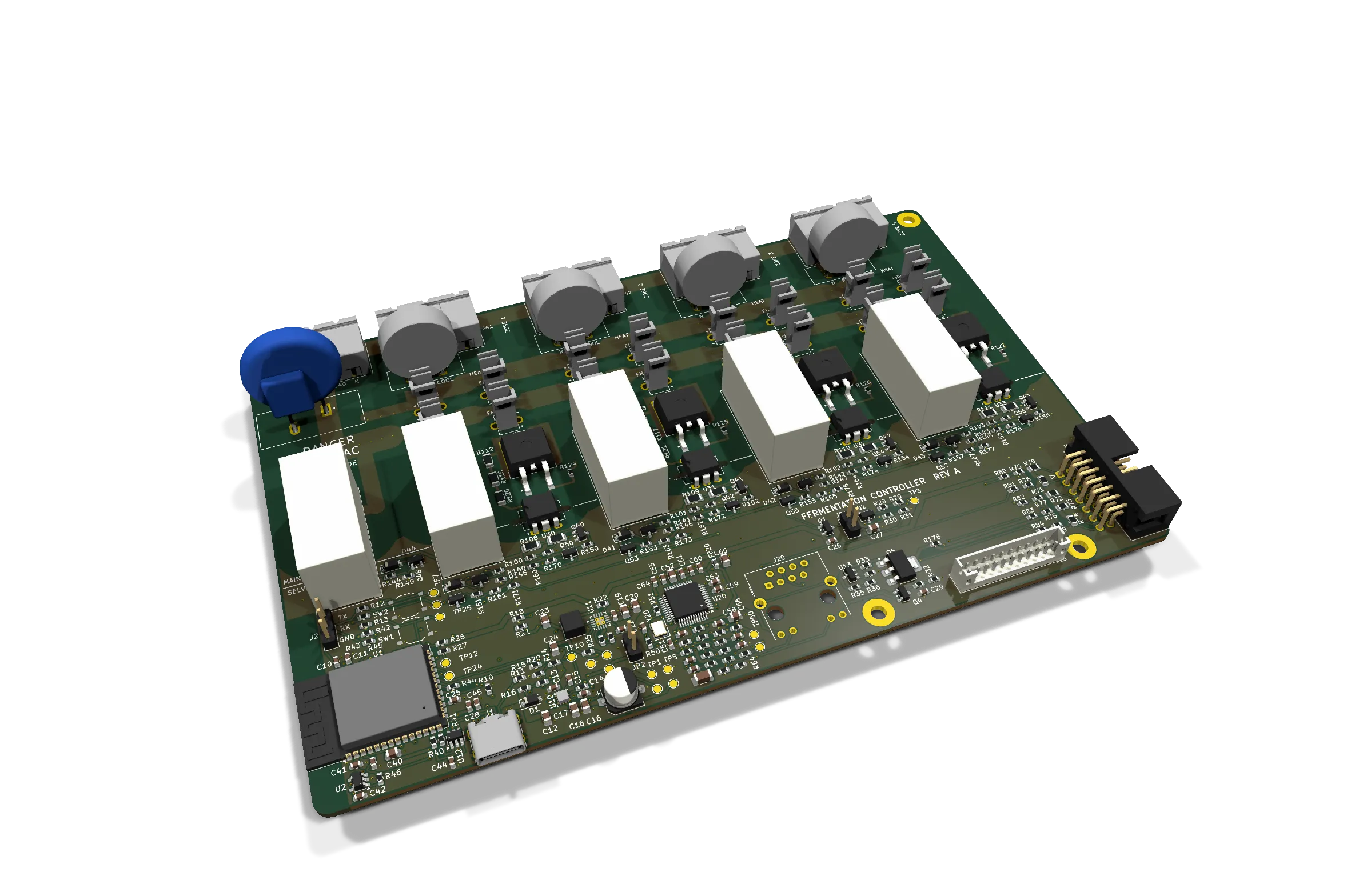 3D render of the routed main board. The mains side with relays, triacs, fuse clips and MOV runs along the top; the low-voltage side with the ESP32-S3, USB-C and Ethernet sits lower left.