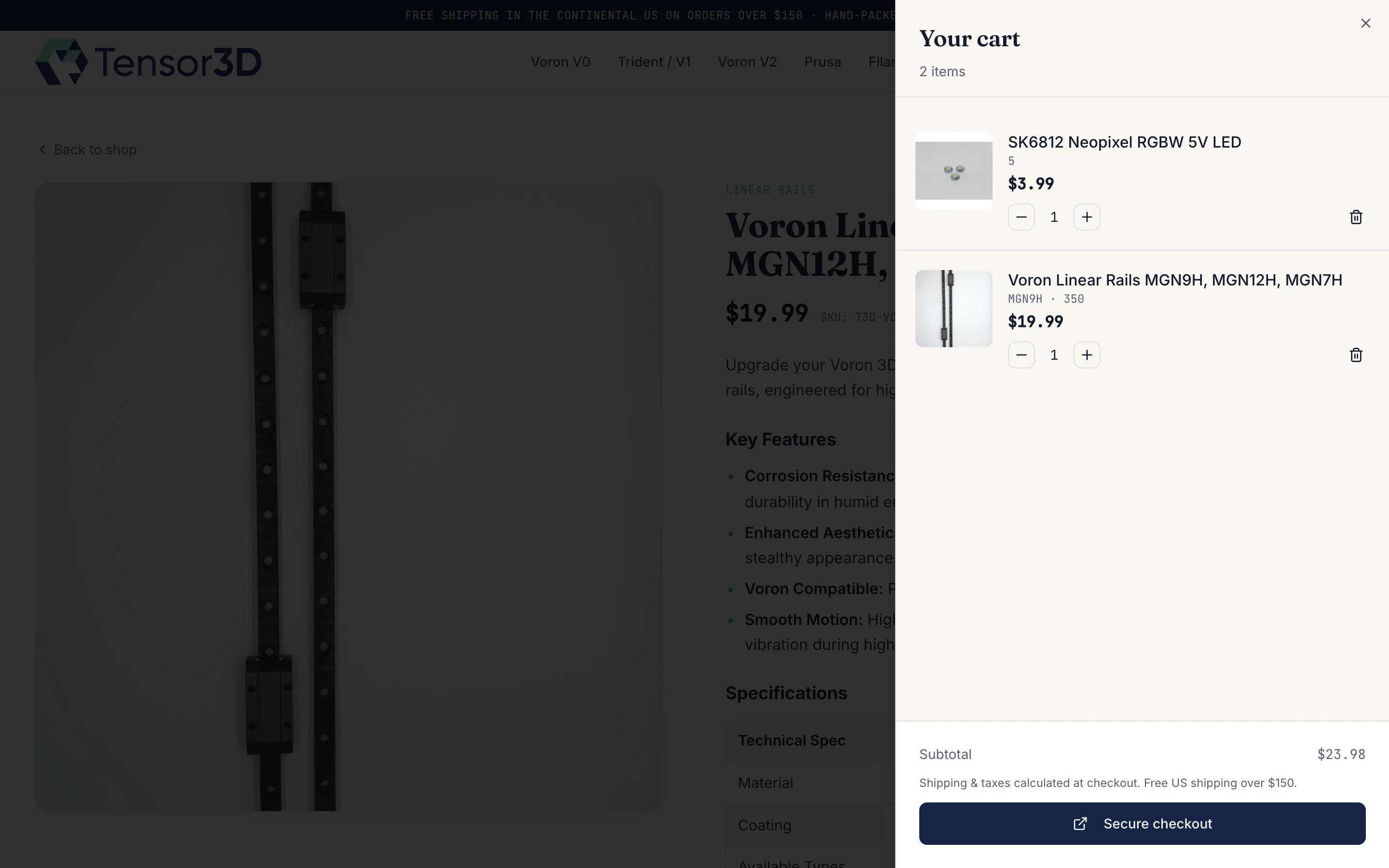 The slide-out cart with two items and the subtotal.