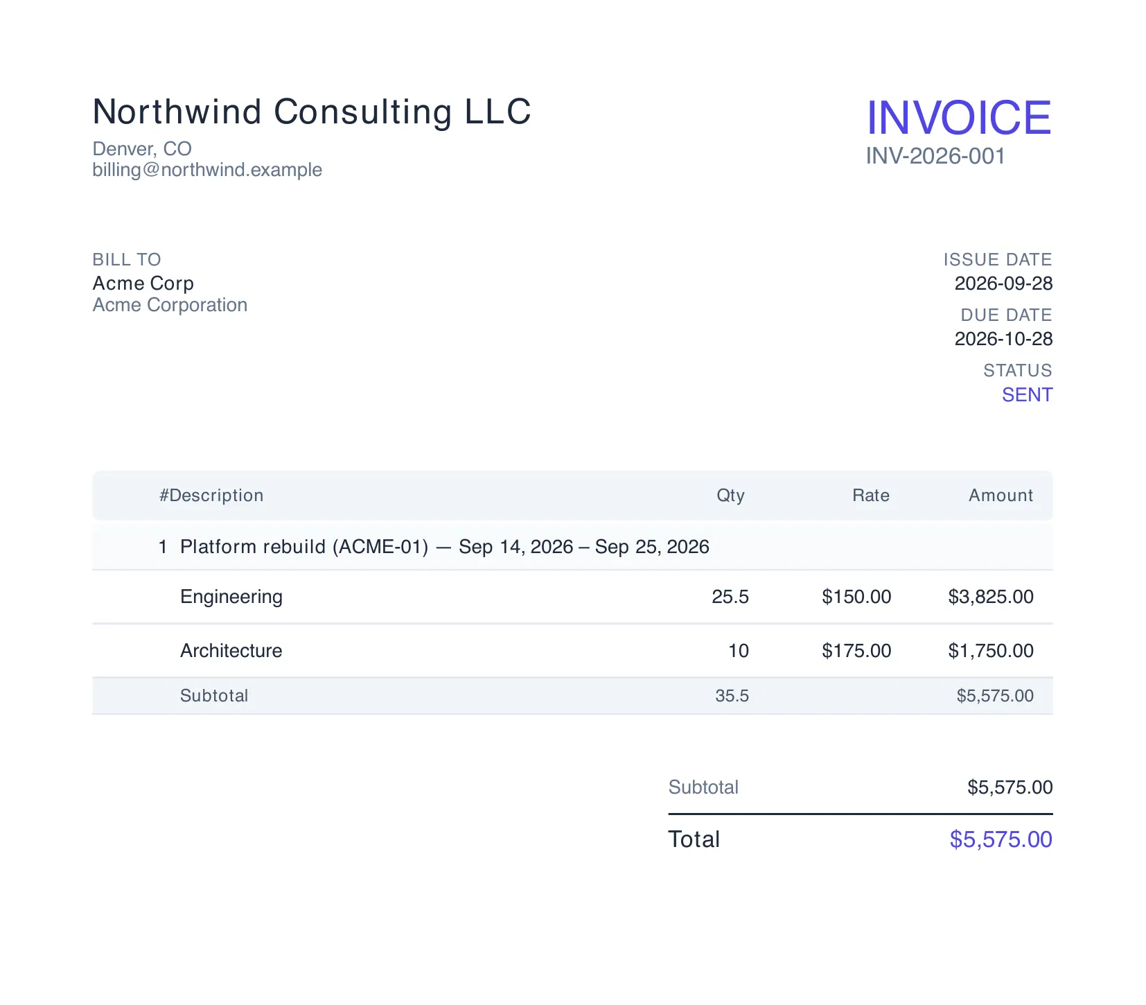 The top of a generated PDF invoice.