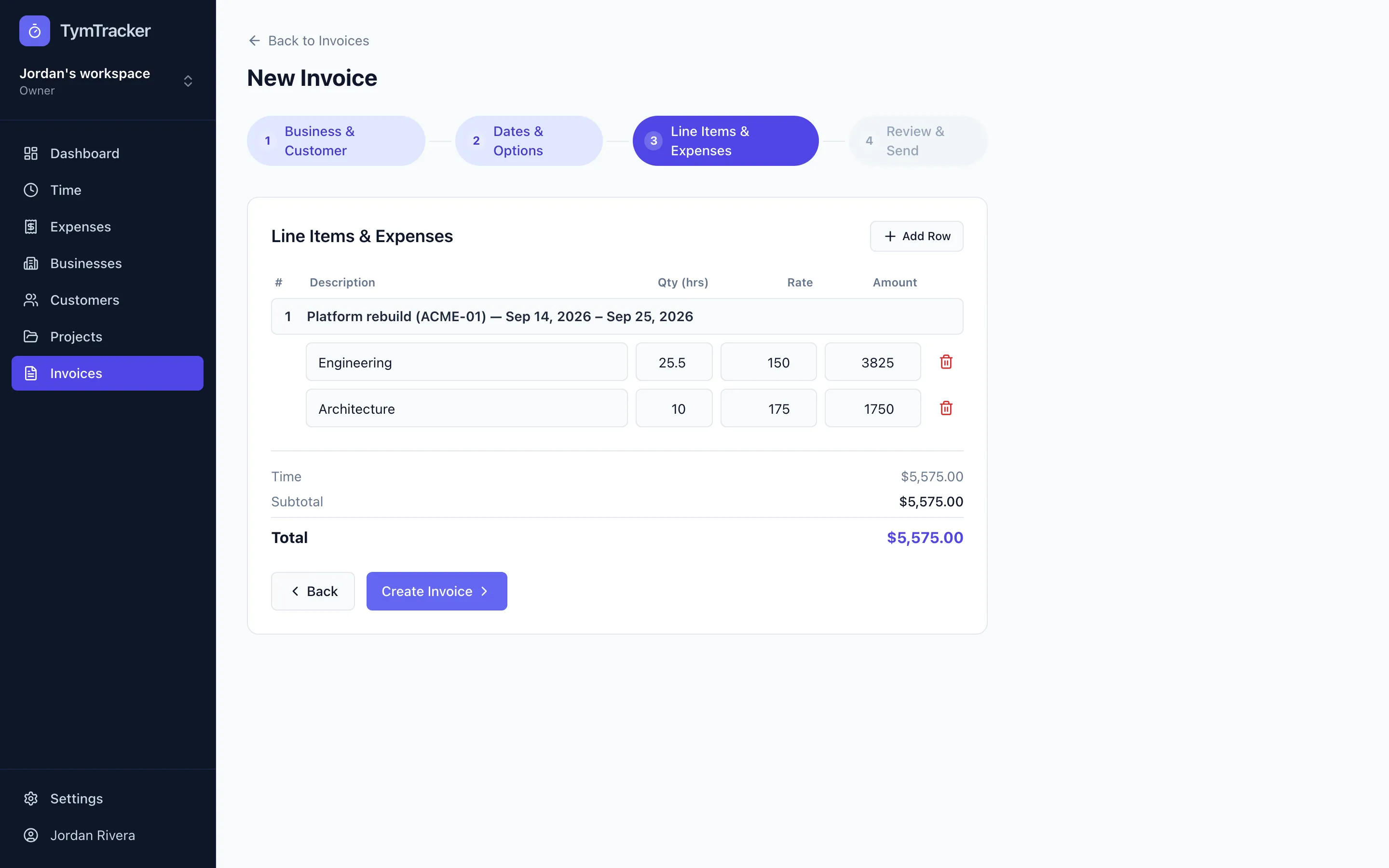 Step 3 of the invoice wizard, listing line items built from uninvoiced time.
