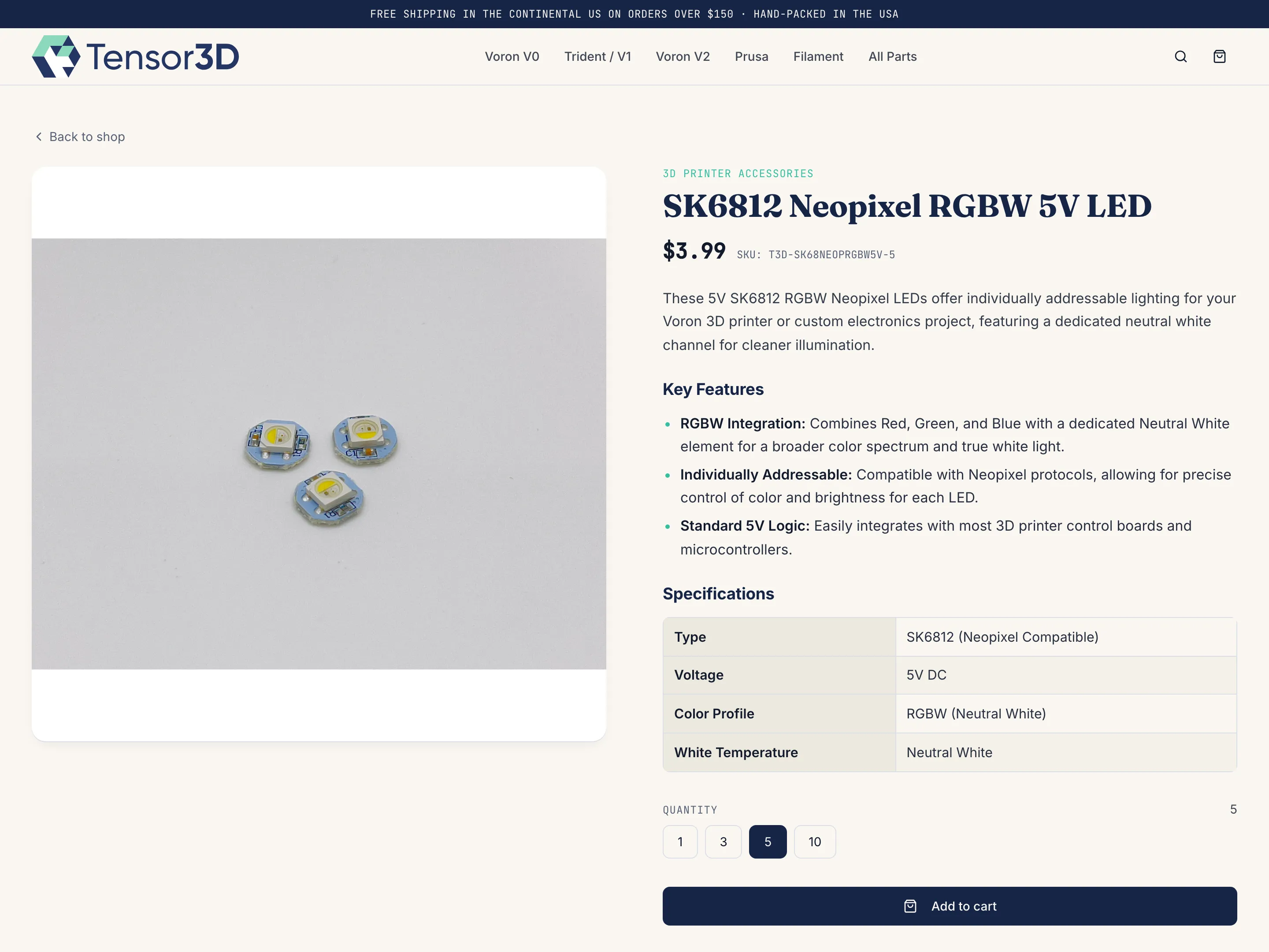 A product page with specifications and a quantity picker.